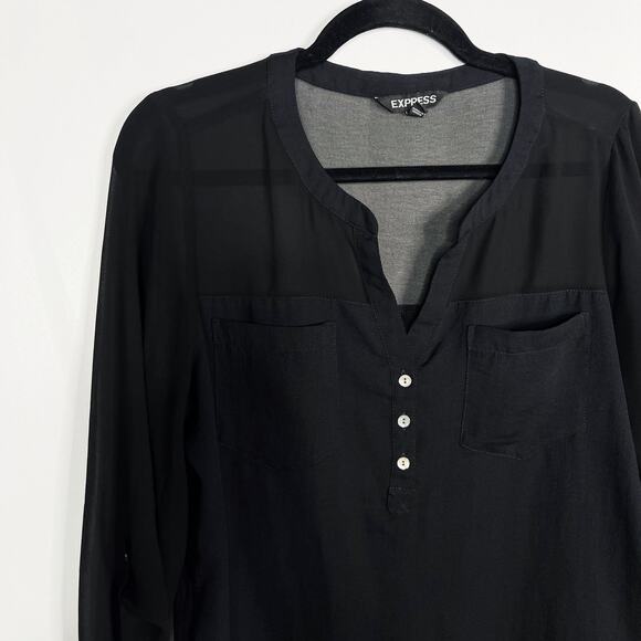 Express Womens M Black Sheer Pieced V Neck Blouse Top 3/4 Sleeve Lightweight - Picture 3 of 6
